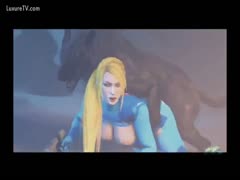 Lady in blue suit got smashed and pounded by a black dog in animal sex